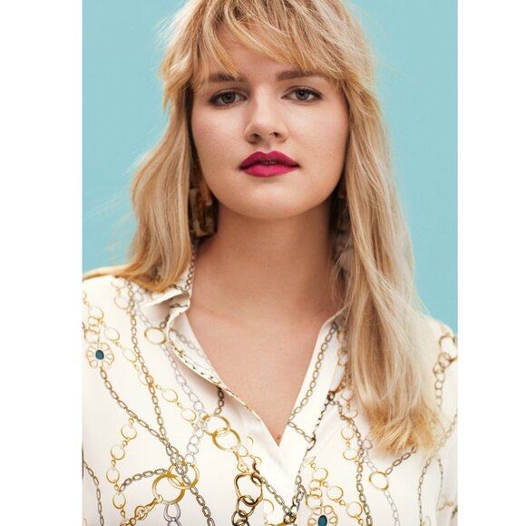 Violeta by Mango Cream V-neck Long Sleeve Blouse with Chains Pattern EUC - Picture 3 of 11